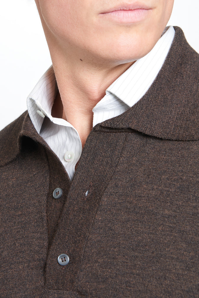 Chocolate Merino Wool Long Sleeve Polo Shirt