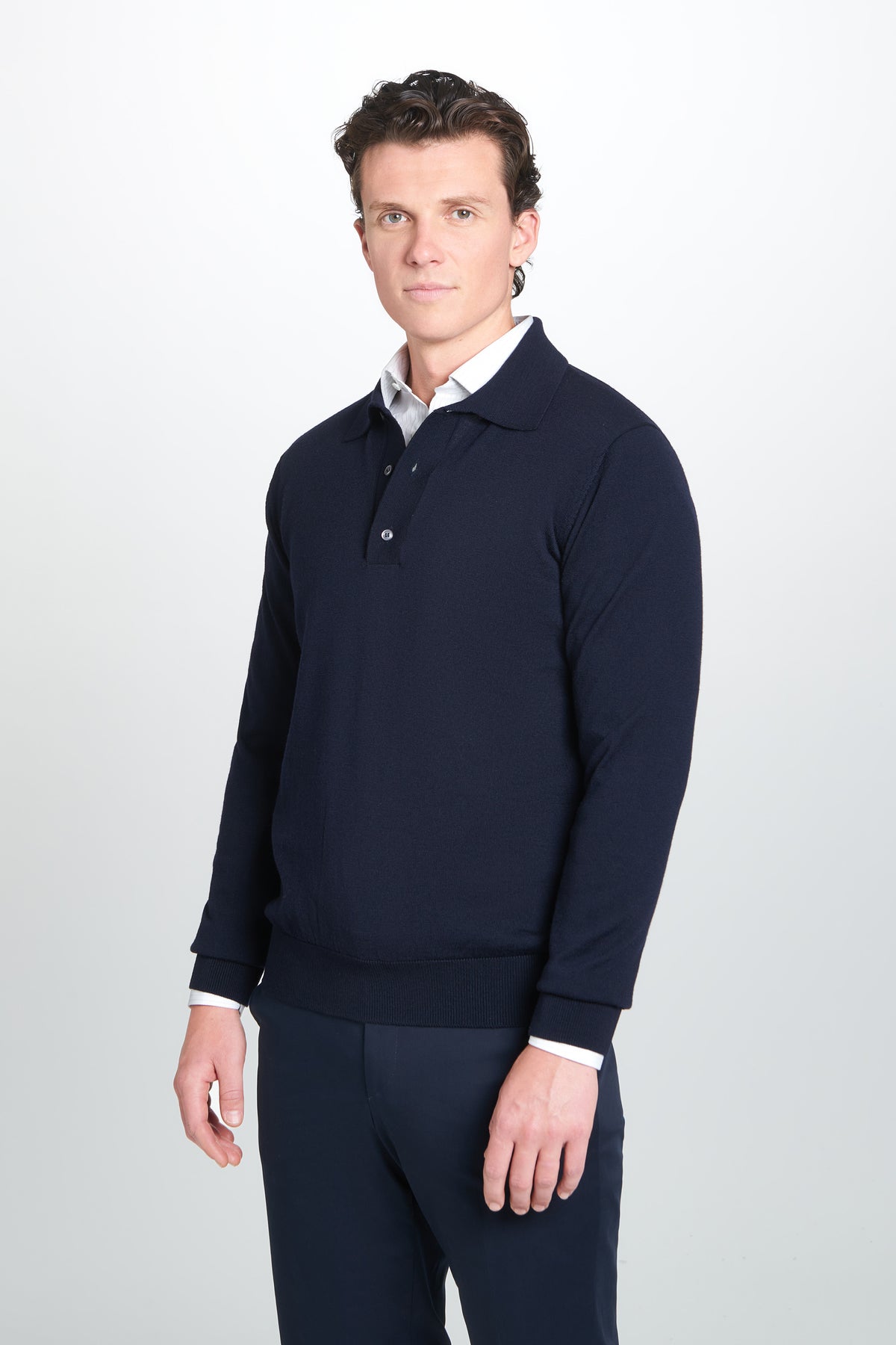 Navy Merino Wool Long Sleeve Polo Shirt