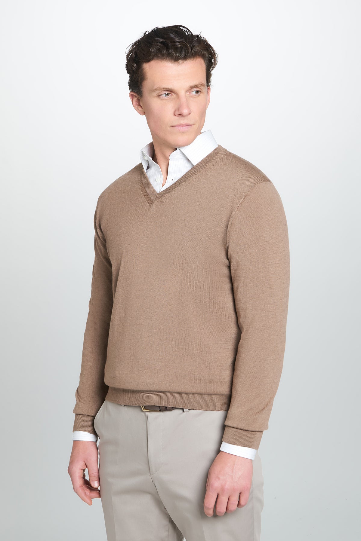 Camel Merino Wool V-Neck Sweater