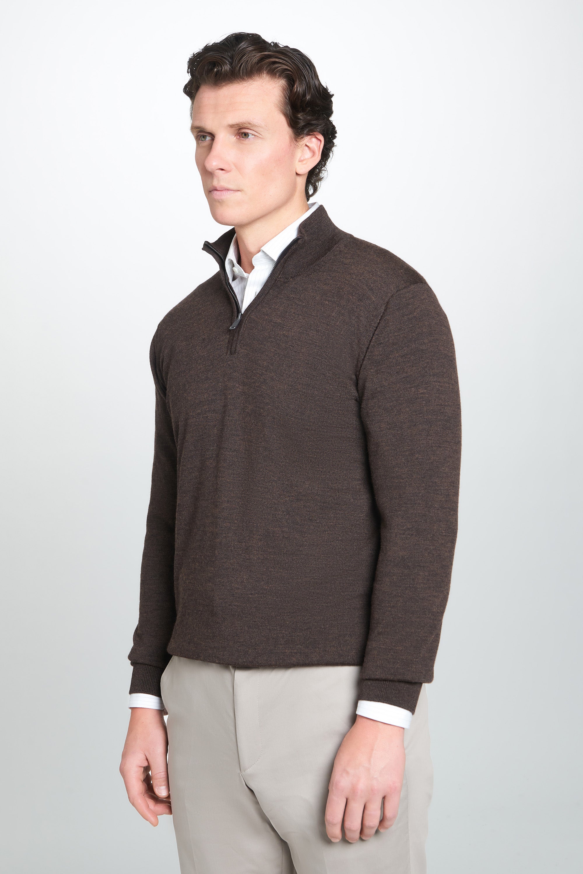 Chocolate Merino Wool Zip Neck Sweater