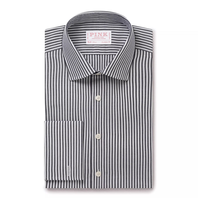 Charcoal Grey & White Classic Fit Double Cuff Panama Stripe Formal Shirt