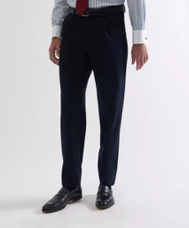 Navy Blue Tailored Fit Merino Wool Pleated Trousers