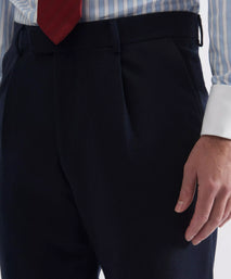 Navy Blue Tailored Fit Merino Wool Pleated Trousers